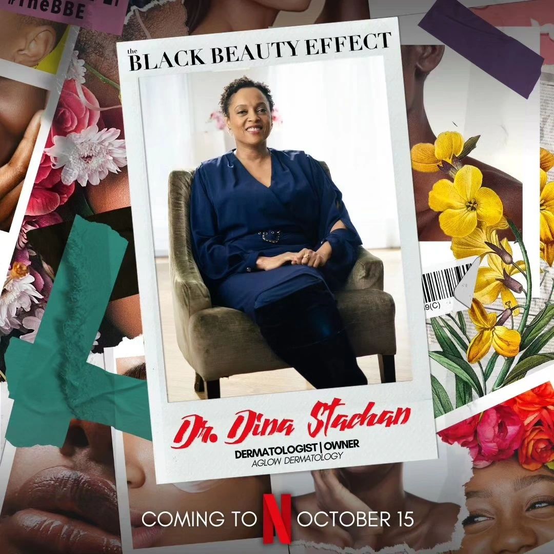 An image of Dr. Dina Strachan highlighting her featured appearance in episodes 2 and 3 of 'The Black Beauty Effect' documentary.