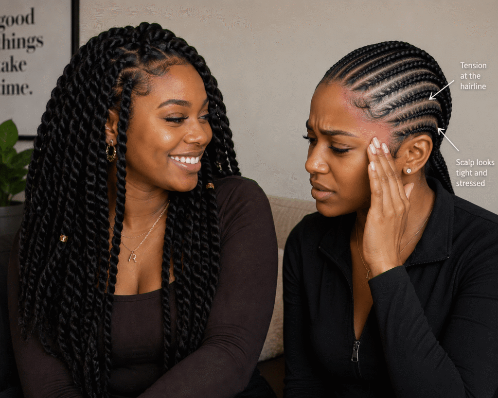 Do protective hairstyles cause hair loss as depicted by a woman with loose twists v one with tight braids